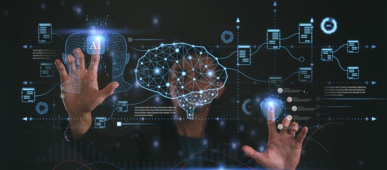 Man using touchscreen with lots of digital symbols on screen.