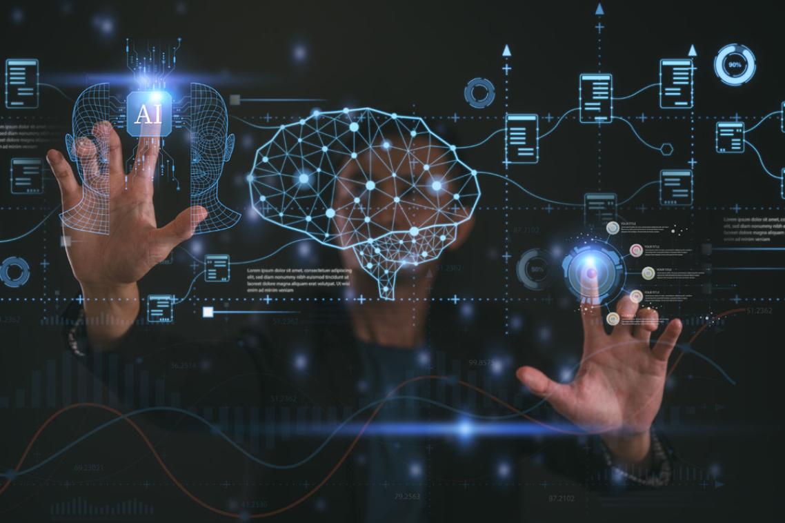 Man using touchscreen with lots of digital symbols.